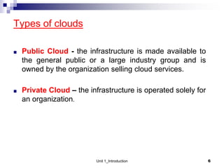 Types of clouds
■ Public Cloud - the infrastructure is made available to
the general public or a large industry group and is
owned by the organization selling cloud services.
■ Private Cloud – the infrastructure is operated solely for
an organization.
Unit 1_Introduction 6
 