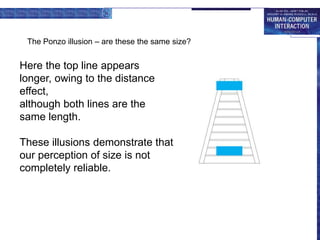 The Ponzo illusion – are these the same size?
Here the top line appears
longer, owing to the distance
effect,
although both lines are the
same length.
These illusions demonstrate that
our perception of size is not
completely reliable.
 