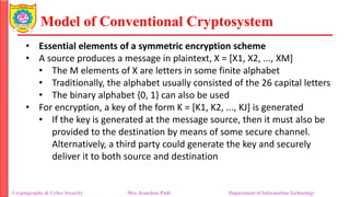 Model of Conventional Cryptosystem
• Essential elements of a symmetric encryption scheme
• A source produces a message in plaintext, X = [X1, X2, ..., XM]
• The M elements of X are letters in some finite alphabet
• Traditionally, the alphabet usually consisted of the 26 capital letters
• The binary alphabet {0, 1} can also be used
• For encryption, a key of the form K = [K1, K2, ..., KJ] is generated
• If the key is generated at the message source, then it must also be
provided to the destination by means of some secure channel.
Alternatively, a third party could generate the key and securely
deliver it to both source and destination
Cryptography & Cyber Security Mrs. Kanchan Patil Department of Information Technology
 