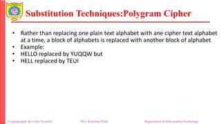 Substitution Techniques:Polygram Cipher
Cryptography & Cyber Security Mrs. Kanchan Patil Department of Information Technology
• Rather than replacing one plain text alphabet with ane cipher text alphabet
at a time, a block of alphabets is replaced with another block of alphabet
• Example:
• HELLO replaced by YUQQW but
• HELL replaced by TEUI
 