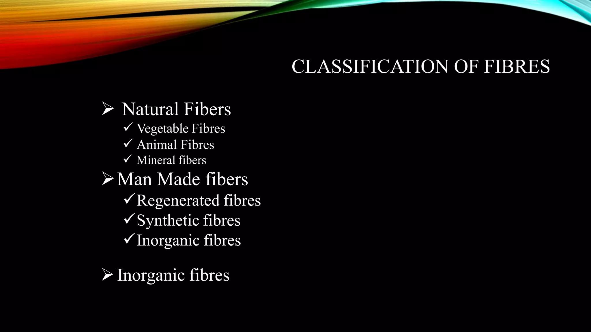 CLASSIFICATION OF FIBRES
 Natural Fibers
 Vegetable Fibres
 Animal Fibres
 Mineral fibers
Man Made fibers
Regenerated fibres
Synthetic fibres
Inorganic fibres
Inorganic fibres
 