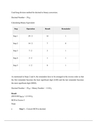Used long division method for decimal to binary conversion.
Decimal Number − 2910
Calculating Binary Equivalent
Step Operation Result Remainder
Step 1 29 / 2 14 1
Step 2 14 / 2 7 0
Step 3 7 / 2 3 1
Step 4 3 / 2 1 1
Step 5 1 / 2 0 1
As mentioned in Steps 2 and 4, the remainders have to be arranged in the reverse order so that
the first remainder becomes the least significant digit (LSD) and the last remainder becomes
the most significant digit (MSD).
Decimal Number − 2910 = Binary Number − 111012
Result
(00101001)BCD = (11101)2
BCD to Excess-3
Steps
 Step 1 -- Convert BCD to decimal.

 