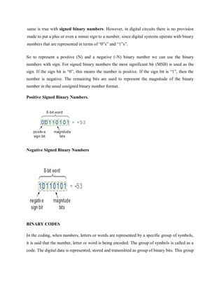 same is true with signed binary numbers. However, in digital circuits there is no provision
made to put a plus or even a minus sign to a number, since digital systems operate with binary
numbers that are represented in terms of “0‟s” and “1‟s”.
So to represent a positive (N) and a negative (-N) binary number we can use the binary
numbers with sign. For signed binary numbers the most significant bit (MSB) is used as the
sign. If the sign bit is “0”, this means the number is positive. If the sign bit is “1”, then the
number is negative. The remaining bits are used to represent the magnitude of the binary
number in the usual unsigned binary number format.
Positive Signed Binary Numbers.
Negative Signed Binary Numbers
BINARY CODES
In the coding, when numbers, letters or words are represented by a specific group of symbols,
it is said that the number, letter or word is being encoded. The group of symbols is called as a
code. The digital data is represented, stored and transmitted as group of binary bits. This group
 