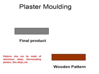 Patterns also can be made of
aluminium alloys, thermosetting
plastics, Zinc alloys, etc.
 