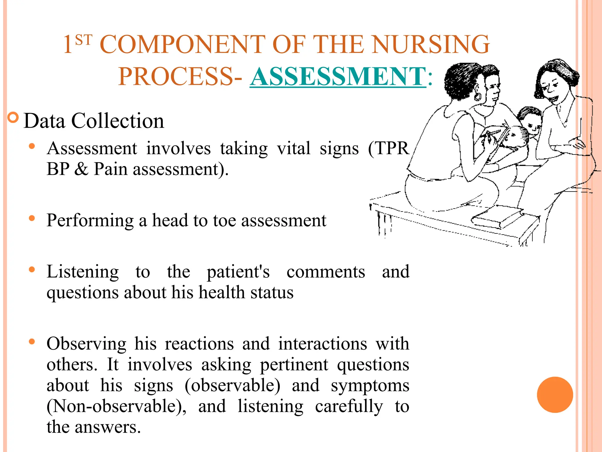 1ST
COMPONENT OF THE NURSING
PROCESS- ASSESSMENT:
 Data Collection
 Assessment involves taking vital signs (TPR
BP & Pain assessment).
 Performing a head to toe assessment
 Listening to the patient's comments and
questions about his health status
 Observing his reactions and interactions with
others. It involves asking pertinent questions
about his signs (observable) and symptoms
(Non-observable), and listening carefully to
the answers.
 