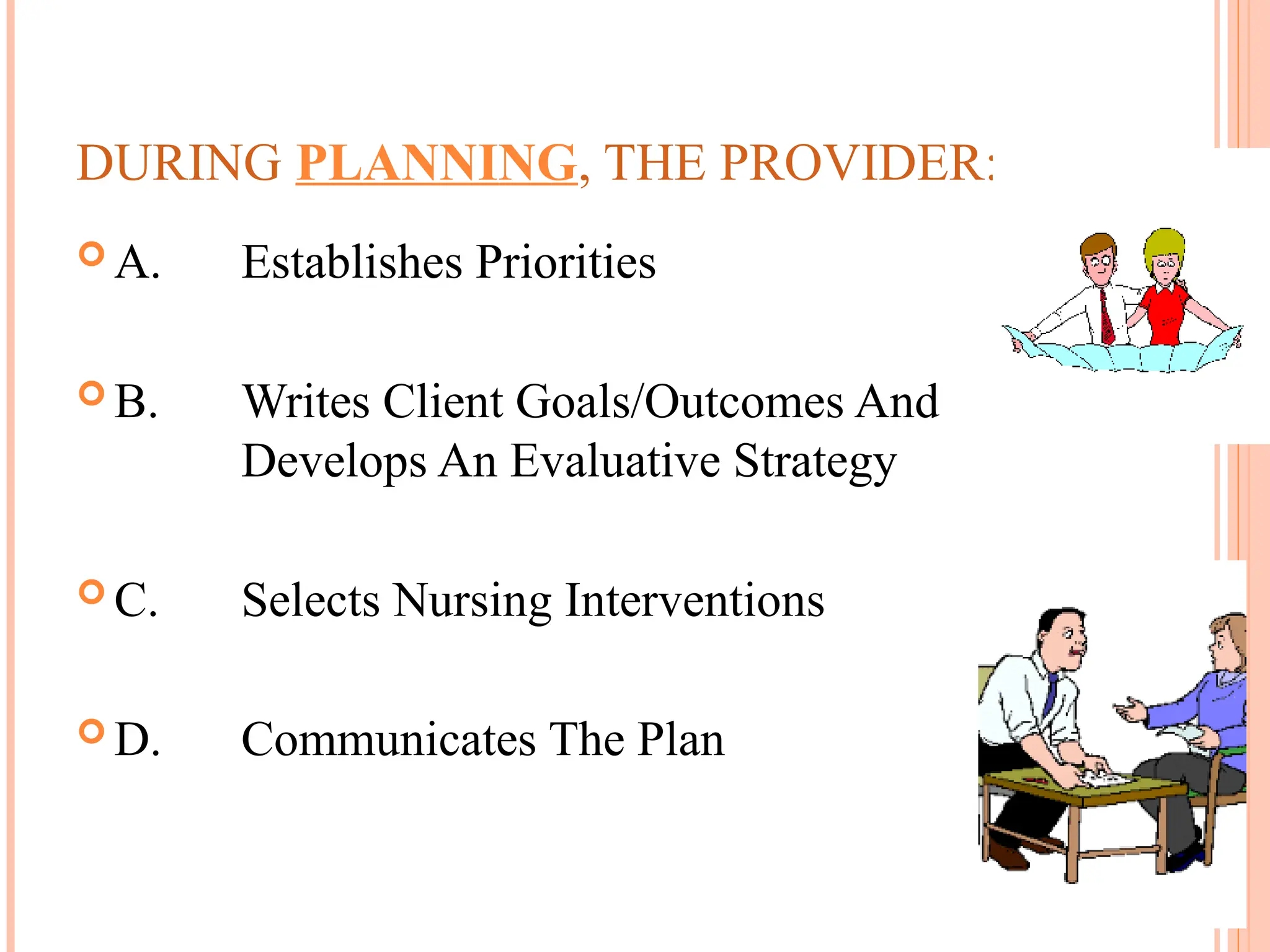 DURING PLANNING, THE PROVIDER:
 A. Establishes Priorities
 B. Writes Client Goals/Outcomes And
Develops An Evaluative Strategy
 C. Selects Nursing Interventions
 D. Communicates The Plan
 