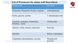 30/07/2026 31
Amino acids Precursor
Glutamate, Glutamine, Proline, Arginine α-Ketoglutarate
Serine, glycine, cystine 3- phosphoglycerate
Aspartate, aspargine, methionine,
threoline, lysine
Oxaloacetate
Alanine, valine, leucine, isoleucine Pyruvate
Histidine Ribose-5-phosphate
Tryptophan, phenylalanine, tyrosine Phosphoenol
pyruvate
List of Precursors for amino acid biosynthesis
 