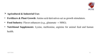 30/07/2026 33
 Agricultural & Industrial Uses
• Fertilizers & Plant Growth: Amino acid derivatives act as growth stimulators.
• Food Industry: Flavor enhancers (e.g., glutamate → MSG).
• Nutritional Supplements: Lysine, methionine, arginine for animal feed and human
health.
 
