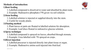30/07/2026 39
Methods of introduction:
1.Root feeding
1. Labelled compound is dissolved in water and absorbed by plant roots.
2. Example: Radioactive phosphate (³²P) given via soil solution.
2.Stem feeding
1. Labelled solution is injected or supplied directly into the stem.
2. Useful for woody plants.
3.Floating method
1. Plant leaves or parts are floated in labelled solution for absorption.
2. Example: Leaf discs floated in radioactive glucose solution.
4.Spray technique
1. Labelled compound is sprayed on leaves, absorbed through stomata.
2. Example: Urea labelled with ¹ N sprayed on crops.
⁵
5.Direct injection
1. Labelled precursor is injected directly into plant tissue or organ.
2. Example: Radioactive amino acid injected into fruit/leaf.
 