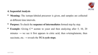 30/07/2026 45
4. Sequential Analysis
 Meaning: The isotope-labeled precursor is given, and samples are collected
at different time intervals.
 Purpose: To check the sequence of intermediates formed step by step.
 Example: Giving C¹ acetate to yeast and then analyzing after 5, 10, 20
⁴
minutes → we see it first appears in citric acid, then α-ketoglutarate, then
succinate, etc. → reveals the TCA cycle steps.
 