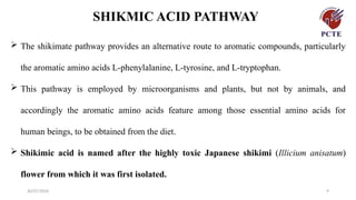 30/07/2026 9
 The shikimate pathway provides an alternative route to aromatic compounds, particularly
the aromatic amino acids L-phenylalanine, L-tyrosine, and L-tryptophan.
 This pathway is employed by microorganisms and plants, but not by animals, and
accordingly the aromatic amino acids feature among those essential amino acids for
human beings, to be obtained from the diet.
 Shikimic acid is named after the highly toxic Japanese shikimi (Illicium anisatum)
flower from which it was first isolated.
SHIKMIC ACID PATHWAY
 