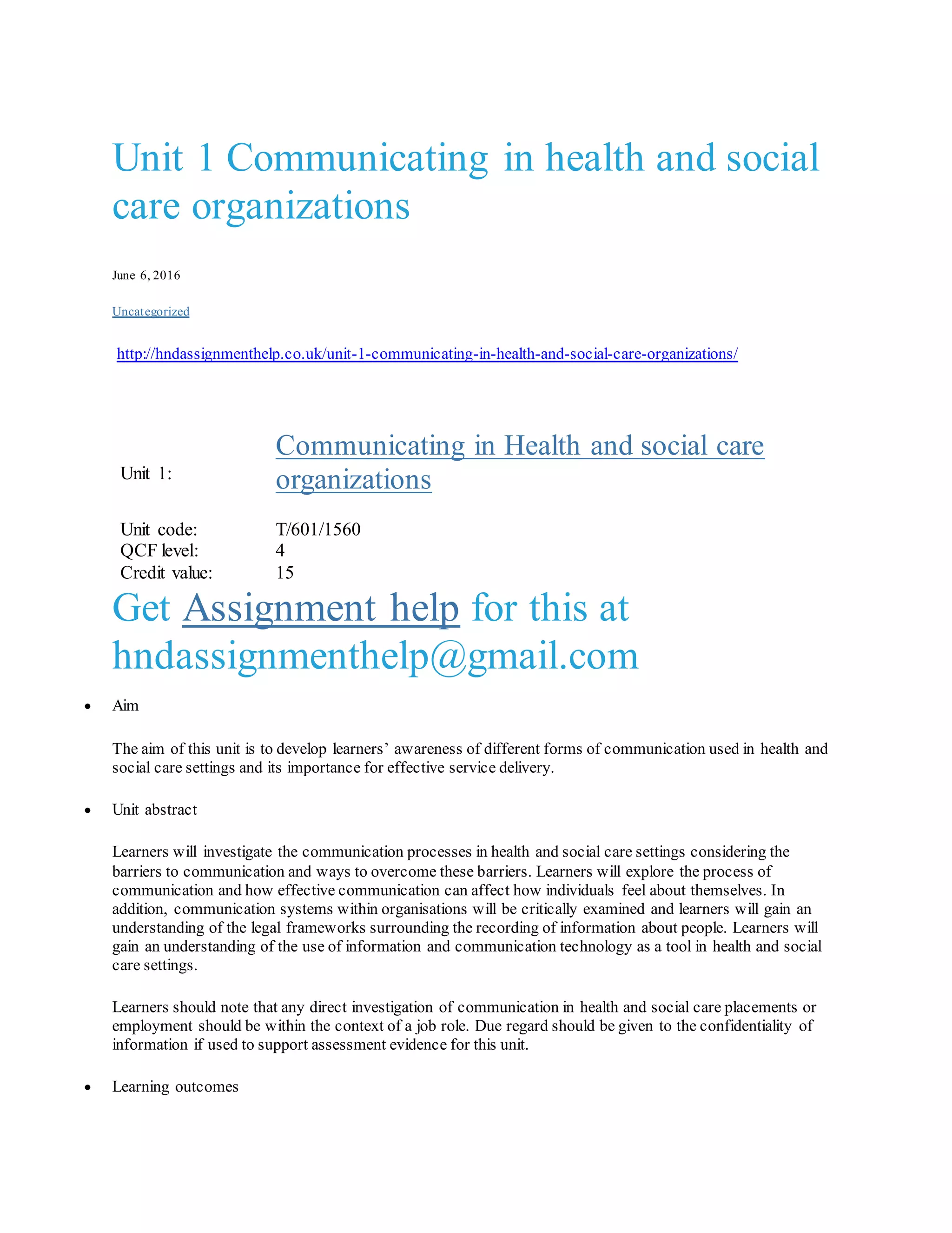 Unit 1 communication in health and social care | DOCX
