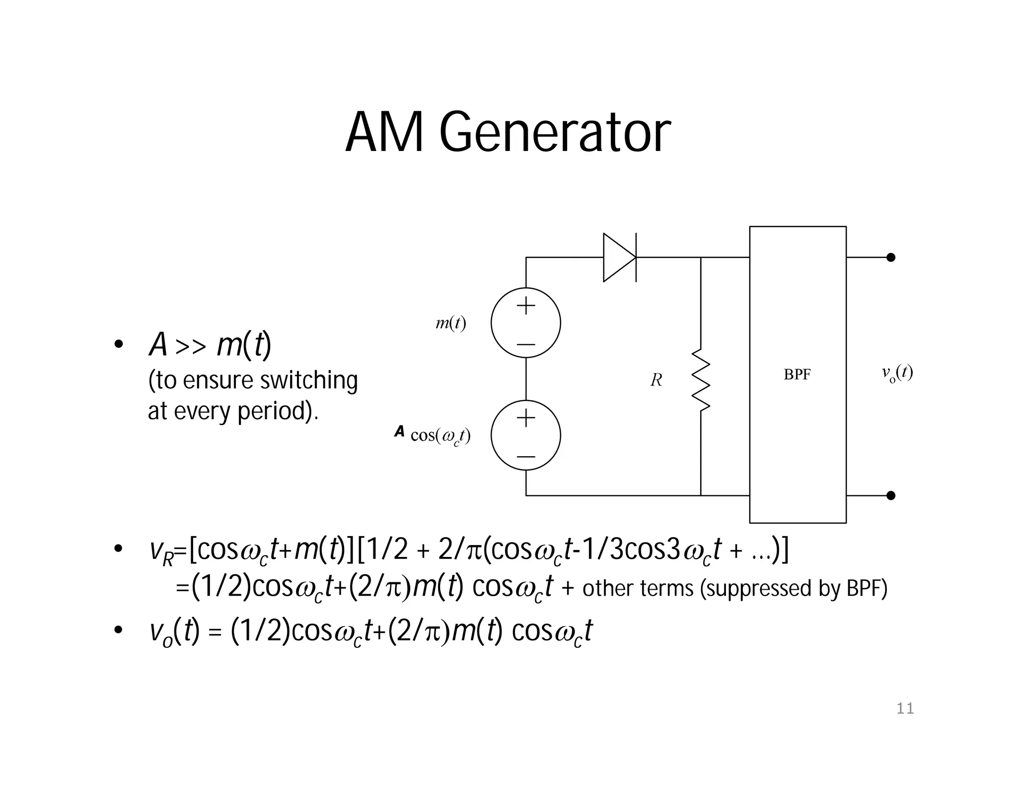 AM Generator
• A >> m(t)
(to ensure switching
at every period).
• vR=[cosct+m(t)][1/2 + 2/p(cosct-1/3cos3ct + …)]
=(1/2)cosct+(2/p)m(t) cosct + other terms (suppressed by BPF)
• vo(t) = (1/2)cosct+(2/p)m(t) cosct
A
11
 