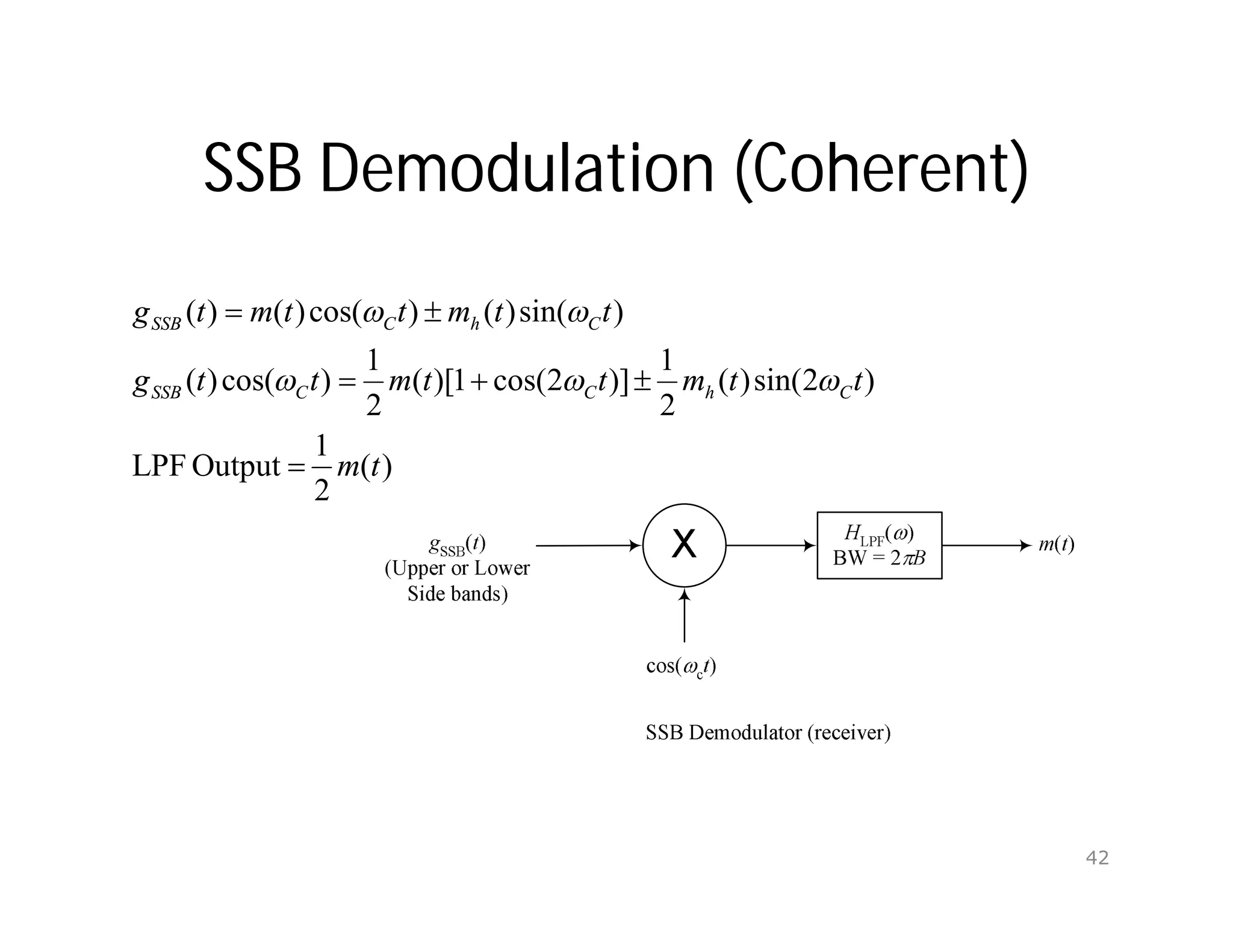 SSB Demodulation (Coherent)
)
(
2
1
Output
LPF
)
2
sin(
)
(
2
1
)]
2
cos(
1
)[
(
2
1
)
cos(
)
(
)
sin(
)
(
)
cos(
)
(
)
(
t
m
t
t
m
t
t
m
t
t
g
t
t
m
t
t
m
t
g
C
h
C
C
SSB
C
h
C
SSB











42
 