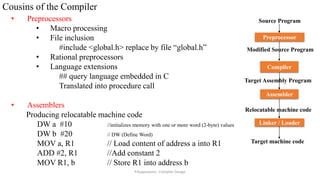 Cousins of the Compiler
• Preprocessors
• Macro processing
• File inclusion
#include <global.h> replace by file “global.h”
• Rational preprocessors
• Language extensions
## query language embedded in C
Translated into procedure call
• Assemblers
Producing relocatable machine code
DW a #10 //initializes memory with one or more word (2-byte) values
DW b #20 // DW (Define Word)
MOV a, R1 // Load content of address a into R1
ADD #2, R1 //Add constant 2
MOV R1, b // Store R1 into address b
Preprocessor
Linker / Loader
Assembler
Target Assembly Program
Target machine code
Compiler
Relocatable machine code
Modified Source Program
Source Program
P.Kuppusamy - Compiler Design
 