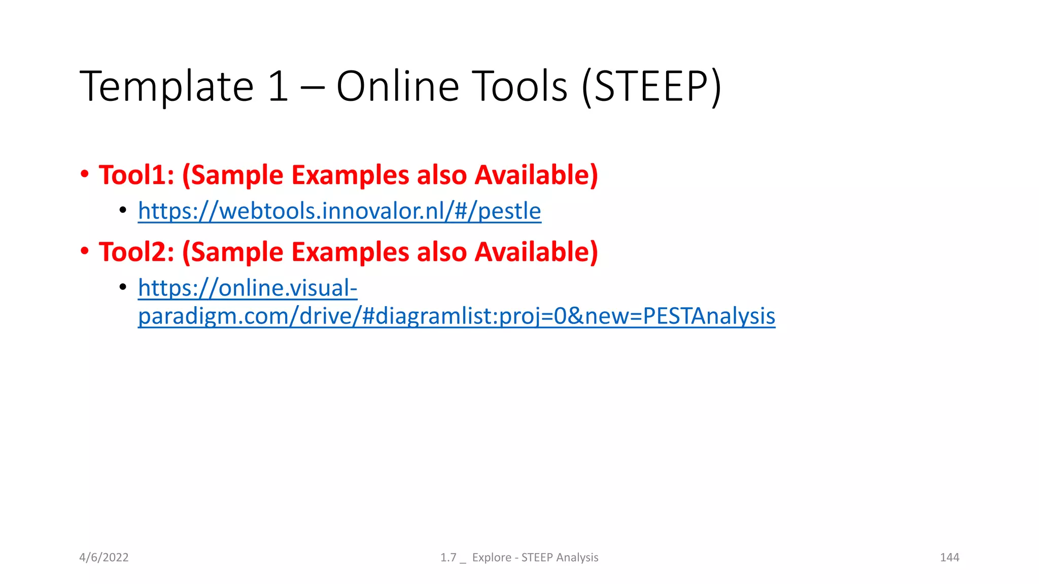 Template 1 – Online Tools (STEEP)
• Tool1: (Sample Examples also Available)
• https://webtools.innovalor.nl/#/pestle
• Tool2: (Sample Examples also Available)
• https://online.visual-
paradigm.com/drive/#diagramlist:proj=0&new=PESTAnalysis
4/6/2022 1.7 _ Explore - STEEP Analysis 144
 