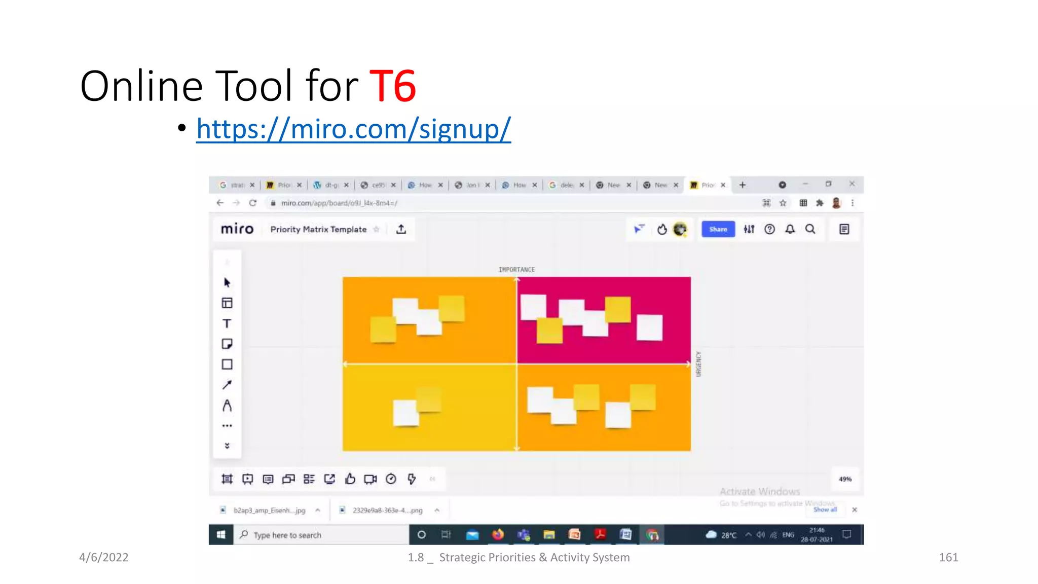 Online Tool for T6
• https://miro.com/signup/
4/6/2022 1.8 _ Strategic Priorities & Activity System 161
 