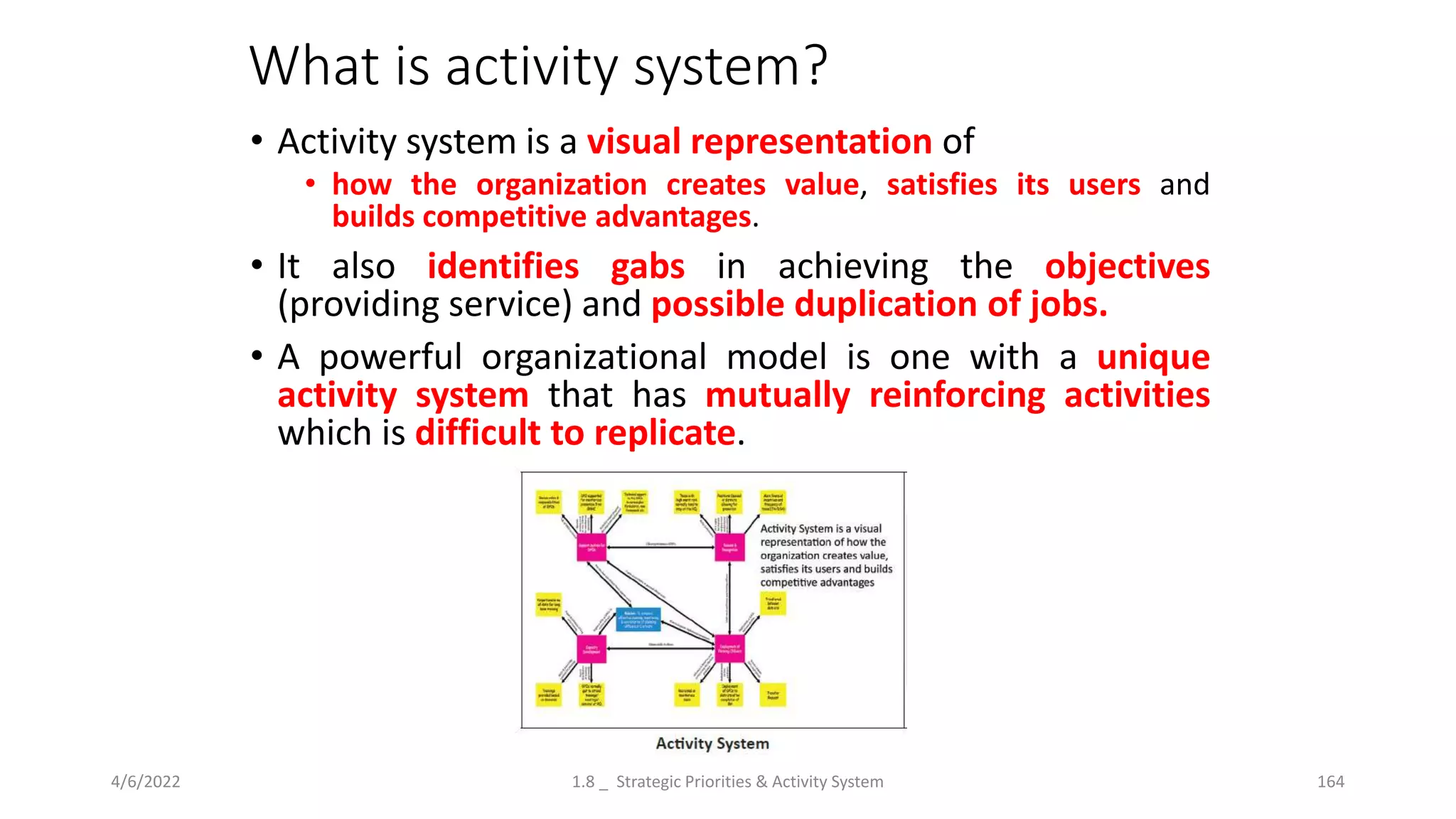 What is activity system?
• Activity system is a visual representation of
• how the organization creates value, satisfies its users and
builds competitive advantages.
• It also identifies gabs in achieving the objectives
(providing service) and possible duplication of jobs.
• A powerful organizational model is one with a unique
activity system that has mutually reinforcing activities
which is difficult to replicate.
4/6/2022 1.8 _ Strategic Priorities & Activity System 164
 