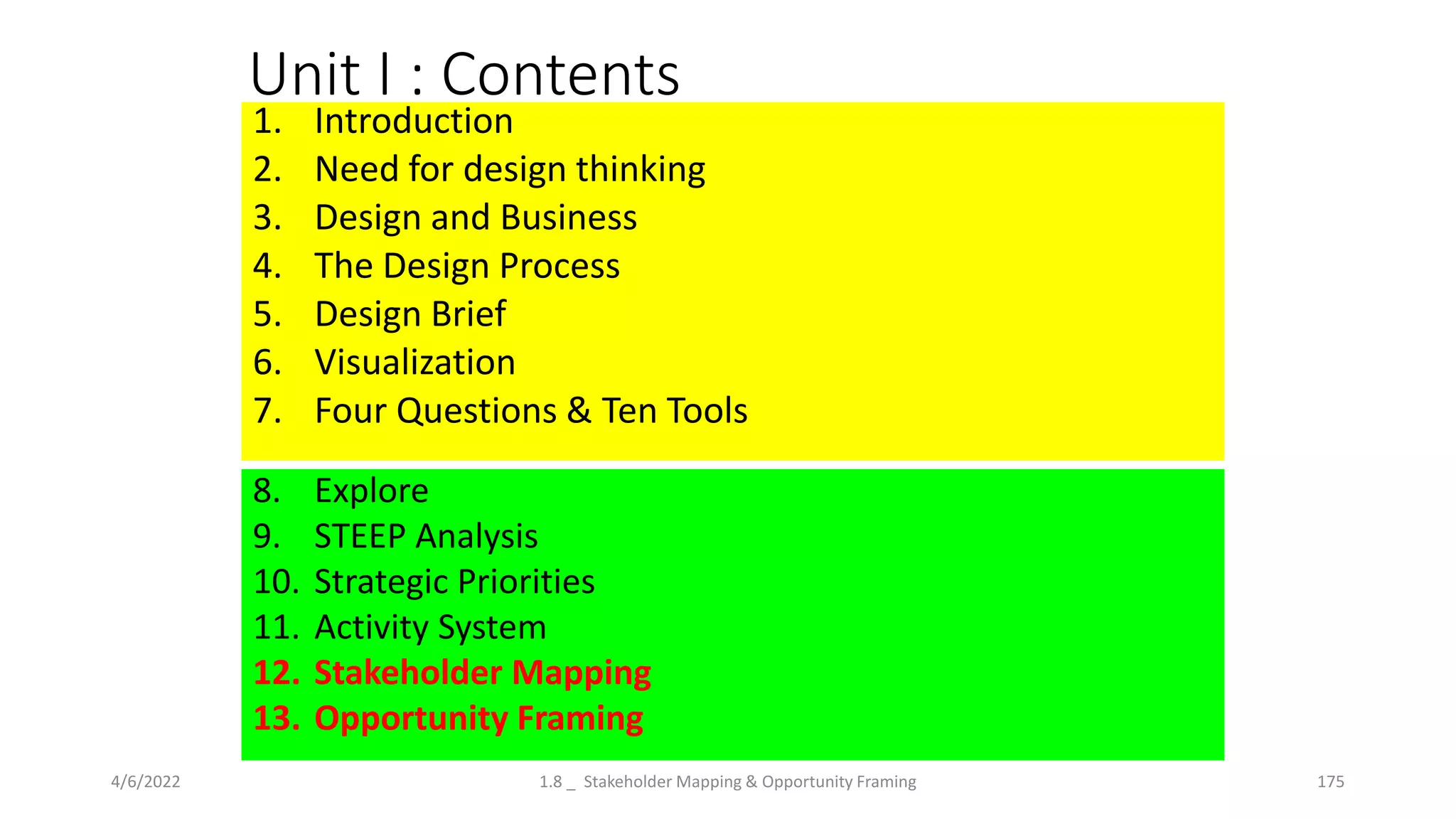 Unit I : Contents
1. Introduction
2. Need for design thinking
3. Design and Business
4. The Design Process
5. Design Brief
6. Visualization
7. Four Questions & Ten Tools
4/6/2022 175
1.8 _ Stakeholder Mapping & Opportunity Framing
8. Explore
9. STEEP Analysis
10. Strategic Priorities
11. Activity System
12. Stakeholder Mapping
13. Opportunity Framing
 