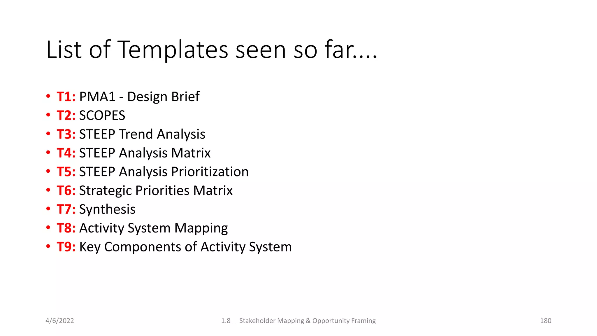 List of Templates seen so far....
• T1: PMA1 - Design Brief
• T2: SCOPES
• T3: STEEP Trend Analysis
• T4: STEEP Analysis Matrix
• T5: STEEP Analysis Prioritization
• T6: Strategic Priorities Matrix
• T7: Synthesis
• T8: Activity System Mapping
• T9: Key Components of Activity System
4/6/2022 1.8 _ Stakeholder Mapping & Opportunity Framing 180
 