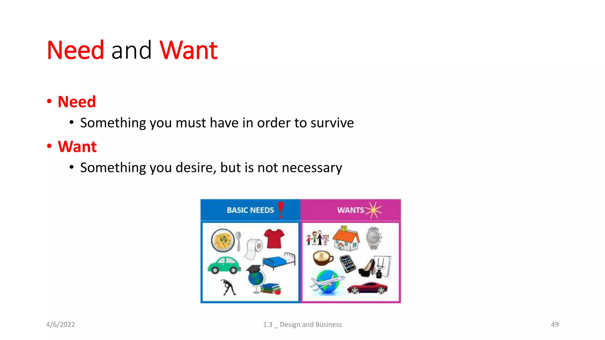 Need and Want
• Need
• Something you must have in order to survive
• Want
• Something you desire, but is not necessary
4/6/2022 1.3 _ Design and Business 49
 