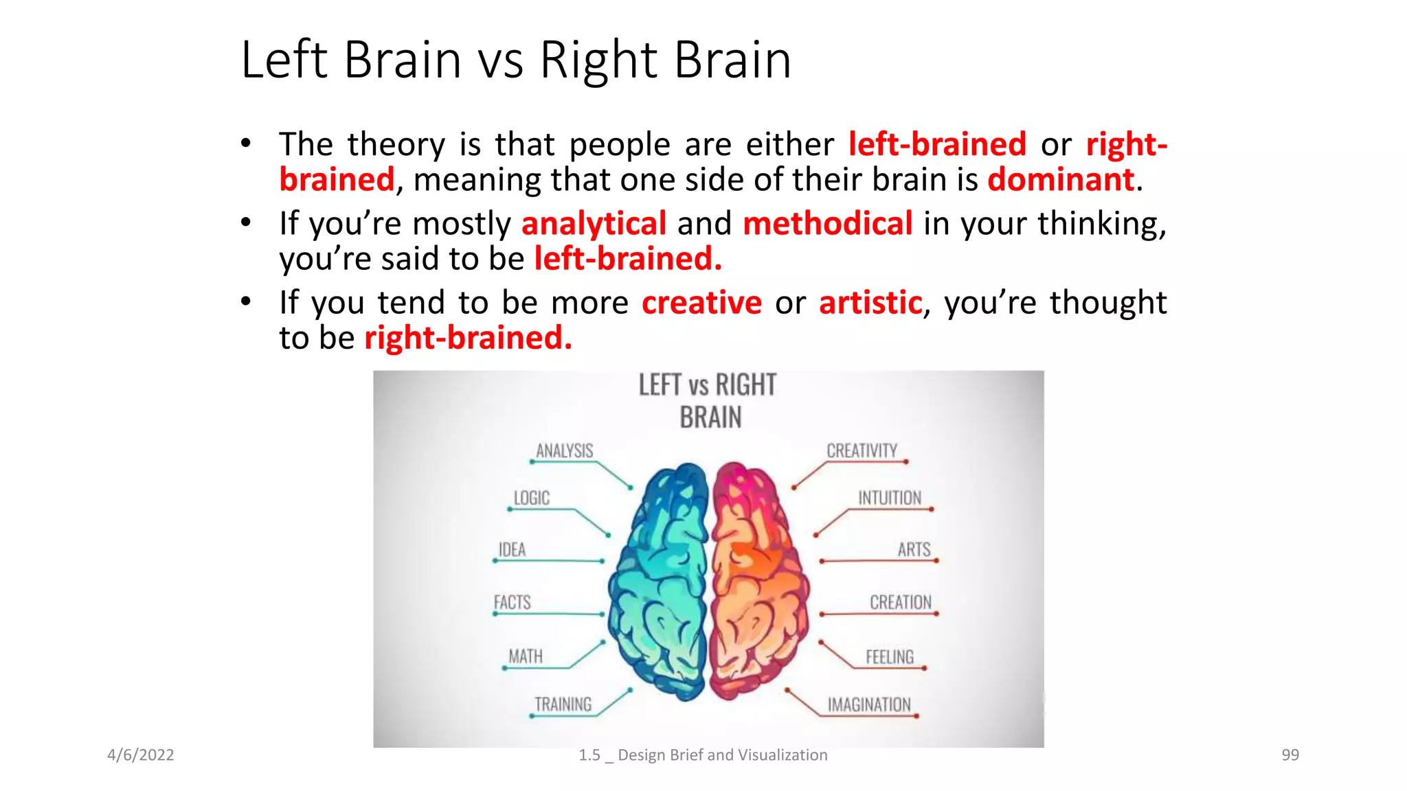 Left Brain vs Right Brain
4/6/2022 1.5 _ Design Brief and Visualization 99
• The theory is that people are either left-brained or right-
brained, meaning that one side of their brain is dominant.
• If you’re mostly analytical and methodical in your thinking,
you’re said to be left-brained.
• If you tend to be more creative or artistic, you’re thought
to be right-brained.
 