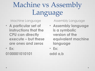 Machine vs Assembly
Language
Machine Language Assembly Language
• A particular set of
instructions that the
CPU can directly
execute – but these
are ones and zeros
• Ex:
0100001010101
• Assembly language
is a symbolic
version of the
equivalent machine
language
• Ex:
add a,b
 