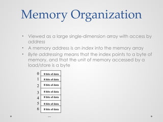 Memory Organization
• Viewed as a large single-dimension array with access by
address
• A memory address is an index into the memory array
• Byte addressing means that the index points to a byte of
memory, and that the unit of memory accessed by a
load/store is a byte
0
1
2
3
4
5
6
...
8 bits of data
8 bits of data
8 bits of data
8 bits of data
8 bits of data
8 bits of data
8 bits of data
 