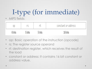 I-type (for immediate)
• MIPS fields:
• op: Basic operation of the instruction (opcode)
• rs: The register source operand
• rt: destination register, which receives the result of
the load
• constant or address: It contains 16 bit constant or
address value.
 