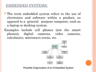 EMBEDDED SYSTEMS:
 The term embedded system refers to the use of
electronics and software within a product, as
opposed to a general- purpose computer, such as
a laptop or desktop system.
Examples include cell phones (not the smart
phones), digital cameras, video cameras,
calculators, microwave ovens, etc.
Possible Organization of an Embedded System
 