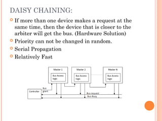 DAISY CHAINING:
 If more than one device makes a request at the
same time, then the device that is closer to the
arbiter will get the bus. (Hardware Solution)
 Priority can not be changed in random.
 Serial Propagation
 Relatively Fast
 