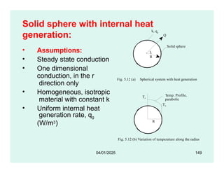 Solid sphere with internal heat
generation: Q
Ti
To
k, qg
Fig. 5.12 (a) Spherical system with heat generation
L
R
Solid sphere
• Assumptions:
• Steady state conduction
• One dimensional
conduction, in the r
direction only
• Homogeneous, isotropic
material with constant k
• Uniform internal heat
generation rate, qg
(W/m3)
To
Fig. 5.12 (b) Variation of temperature along the radius
R
Temp. Profile,
parabolic
Tw
04/01/2025 149
 