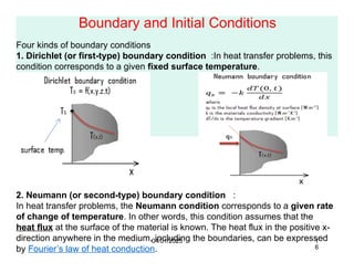 Boundary and Initial Conditions
Four kinds of boundary conditions
1. Dirichlet (or first-type) boundary condition :In heat transfer problems, this
condition corresponds to a given fixed surface temperature.
2. Neumann (or second-type) boundary condition :
In heat transfer problems, the Neumann condition corresponds to a given rate
of change of temperature. In other words, this condition assumes that the
heat flux at the surface of the material is known. The heat flux in the positive x-
direction anywhere in the medium, including the boundaries, can be expressed
by Fourier’s law of heat conduction.
04/01/2025 1
6
 