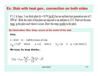Ex: Slab with heat gen., convection on both sides
By observation, Max. temp. occurs at the centre of the slab.
04/01/2025 171
 