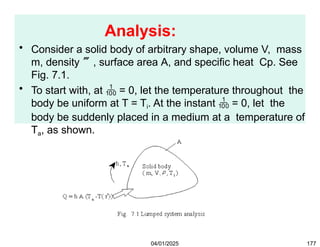 Analysis:
• Consider a solid body of arbitrary shape, volume V, mass
m, density , surface area A, and specific heat Cp. See
Fig. 7.1.
• To start with, at  = 0, let the temperature throughout the
body be uniform at T = Ti. At the instant  = 0, let the
body be suddenly placed in a medium at a temperature of
Ta, as shown.
04/01/2025 177
 