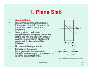 1. Plane Slab
Q
T1
T2
T(x)
• Assumptions:
• One dimensional conduction i.e.
thickness L is small compared to
the dimensions in the y and z
directions
• Steady state conduction i.e.
temperature at any point within the
slab does not change with time; of
course, temperatures at different
points within the slab will be
different.
• No internal heat generation
• Material of the slab is
homogeneous (i.e. constant
density) and isotropic (i.e. value of k
is same in all directions).
X
T1 T2
slab
R = L/(kA)
L
Q
Q
Fig. 4.1 Plane slab and Thermal circuit
1
8
04/01/2025
 