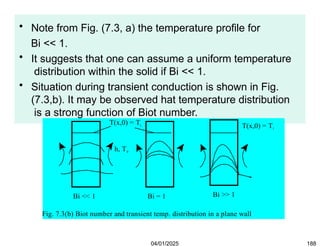 • Note from Fig. (7.3, a) the temperature profile for
Bi << 1.
• It suggests that one can assume a uniform temperature
distribution within the solid if Bi << 1.
• Situation during transient conduction is shown in Fig.
(7.3,b). It may be observed hat temperature distribution
is a strong function of Biot number.
Fig. 7.3(b) Biot number and transient temp. distribution in a plane wall
h, Ta
Bi << 1 Bi = 1 Bi >> 1
T(x,0) = Ti T(x,0) = Ti
04/01/2025 188
 
