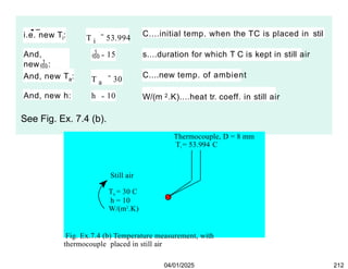 i.e. new Ti: T i 53.994
C....initial temp. when the TC is placed in stil
And,
new:
 15 s....duration for which T C is kept in still air
And, new Ta: T a 30
C....new temp. of ambient
And, new h: h 10 W/(m 2.K)....heat tr. coeff. in still air
See Fig. Ex. 7.4 (b).
Thermocouple, D = 8 mm
Ti = 53.994 C
Still air
Ta = 30 C
h = 10
W/(m2
.K)
Fig. Ex.7.4 (b) Temperature measurement, with
thermocouple placed in still air
04/01/2025 212
 