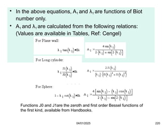 • In the above equations, A1 and λ1 are functions of Biot
number only.
• A1 and λ1 are calculated from the following relations:
(Values are available in Tables, Ref: Cengel)
Functions J0 and J1are the zeroth and first order Bessel functions of
the first kind, available from Handbooks.
04/01/2025 220
 