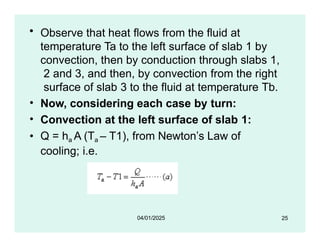 • Observe that heat flows from the fluid at
temperature Ta to the left surface of slab 1 by
convection, then by conduction through slabs 1,
2 and 3, and then, by convection from the right
surface of slab 3 to the fluid at temperature Tb.
• Now, considering each case by turn:
• Convection at the left surface of slab 1:
• Q = ha A (Ta – T1), from Newton’s Law of
cooling; i.e.
25
04/01/2025
 