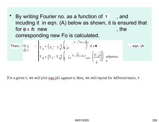 • By writing Fourier no. as a function of , and
incuding it in eqn. (A) below as shown, it is ensured that
for each new , the
corresponding new Fo is calculated.
Then, T( x
 )
T a T i T a
 A 1
e
 1
2 Fo (  )
if x 0
T a i
T T a 1
2   1
x
L
e
 1 Fo (  )
cos
 A
otherwis
e
.....eqn. (A
04/01/2025 256
 