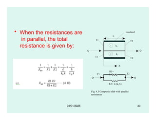 • When the resistances are
in parallel, the total
resistance is given by:
Q
L
k1
k2
1
2
T1 T2
T1 T2
Q
Insulated
Q
T1 T2
X
R1=
L/(k1A)
Q
R2= L/(k2A)
Fig. 4.3 Composite slab with parallel
resistances
30
04/01/2025
 