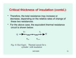 Critical thickness of insulation (contd.):
• Therefore, the total resistance may increase or
decrease, depending on the relative rates of change of
these two resistances.
• For the above case, the equivalent thermal resistance
circuit is shown below:
T1 Ta
Q
Q
Rins Rconv
Fig. 4.13(a) Equiv. Thermal curcuit for a
cylinder with insulation
72
04/01/2025
 