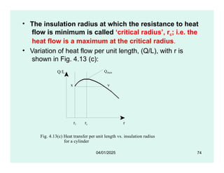 • The insulation radius at which the resistance to heat
flow is minimum is called ‘critical radius’, rc; i.e. the
heat flow is a maximum at the critical radius.
• Variation of heat flow per unit length, (Q/L), with r is
shown in Fig. 4.13 (c):
Q/L Qmax
y
x
r1 rc r
Fig. 4.13(c) Heat transfer per unit length vs. insulation radius
for a cylinder
74
04/01/2025
 