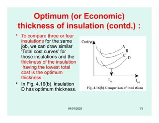 Optimum (or Economic)
thickness of insulation (contd.) :
• To compare three or four
insulations for the same
job, we can draw similar
‘Total cost curves’ for
those insulations and the
thickness of the insulation
having the lowest total
cost is the optimum
thickness.
• In Fig. 4.16(b), insulation
D has optimum thickness.
79
04/01/2025
 
