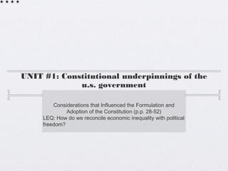 UNIT #1: Constitutional underpinnings of the
             u.s. government

         Considerations that Influenced the Formulation and
              Adoption of the Constitution (p.p. 28-52)
     LEQ: How do we reconcile economic inequality with political
     freedom?
 