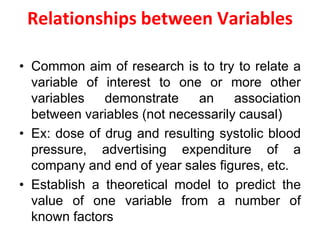 Relationships between Variables
• Common aim of research is to try to relate a
variable of interest to one or more other
variables demonstrate an association
between variables (not necessarily causal)
• Ex: dose of drug and resulting systolic blood
pressure, advertising expenditure of a
company and end of year sales figures, etc.
• Establish a theoretical model to predict the
value of one variable from a number of
known factors
 