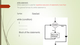 while statement:
While statement is used for repetitive execution of statements more than
The general format of a while statement is:
Syntax: Flowchart
while (condition)
{
- - - - - -
- - - - - -
Block of the statements
}
 