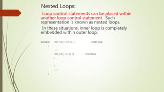 Nested Loops:
Loop control statements can be placed within
another loop control statement. Such
representation is known as nested loops.
In these situations, inner loop is completely
embedded within outer loop.
Example: for( i=1; i<=n; i++) outer loop
{
----
for( j=1; j<=i; j++) inner loop
{
---
}
----
}
 