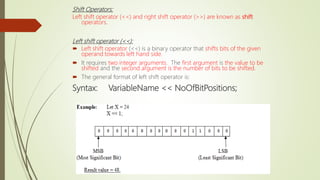 Shift Operators:
Left shift operator (<<) and right shift operator (>>) are known as shift
operators.
Left shift operator (<<):
 Left shift operator (<<) is a binary operator that shifts bits of the given
operand towards left hand side.
 It requires two integer arguments. The first argument is the value to be
shifted and the second argument is the number of bits to be shifted.
 The general format of left shift operator is:
Syntax: VariableName << NoOfBitPositions;
 